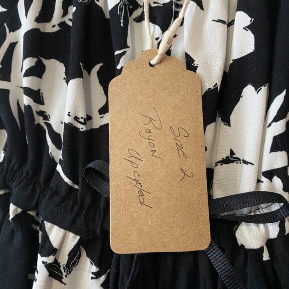 Handmade Children's Upcycled Rayon Black White Pattern Back Tie Bow Dress - Picture 4 of 14